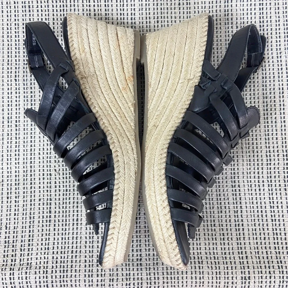 SoftWalk Espadrille Sandals Sz 10.5 Wide Black Leather‎ Coastal Resort Summer